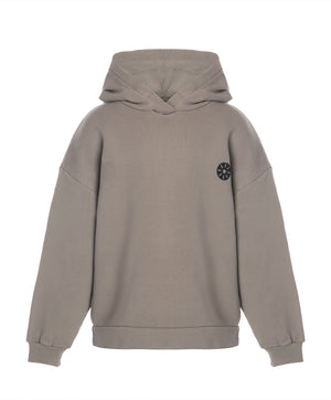Front view of a taupe girls hoodie with a relaxed fit, attached hood, and minimalist chest emblem, designed for everyday wear, school outfits, and casual layering, available in sizes 3–14