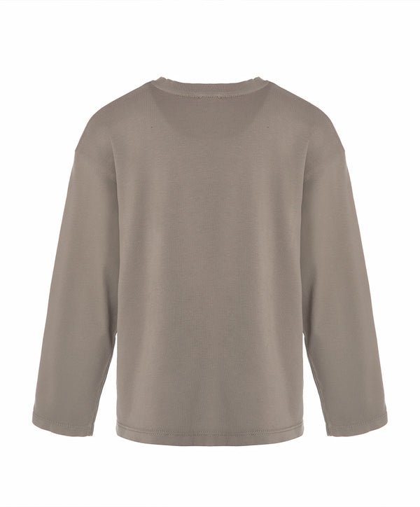 Back view of a taupe girls long sleeve t-shirt with a relaxed fit and clean silhouette, designed for everyday wear, school outfits, and casual layering, available in sizes 3–14