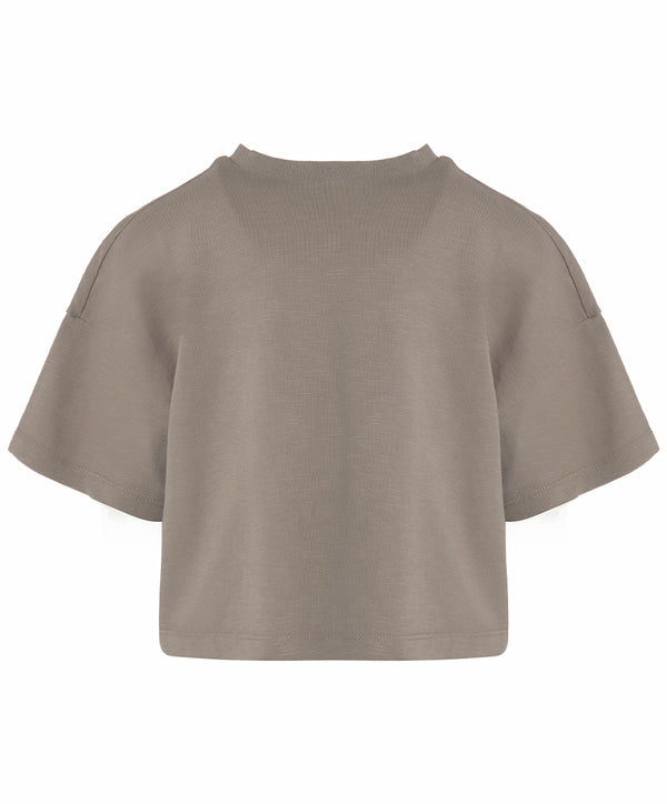 Back view of a taupe short sleeve girls t-shirt with a relaxed fit and clean silhouette, designed for everyday wear, school outfits, and casual looks, available in sizes 3–14