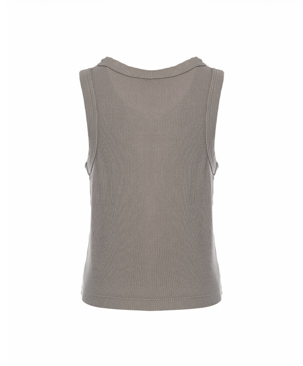 Back view of a taupe girls sleeveless tank top with a clean ribbed texture and relaxed fit, designed for everyday wear, school outfits, and casual layering, available in sizes 3–14