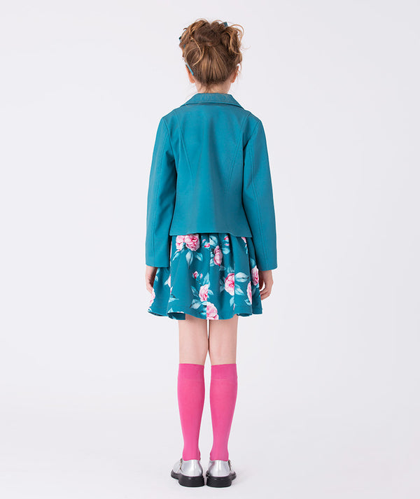 Elegant teal floral jacket and skirt set for girls, perfect for birthdays, family gatherings, and holiday celebrations — available in sizes 3–12Y