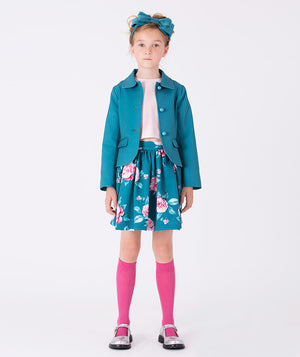 Chic teal floral skirt and matching jacket set for girls, styled with a blush blouse and pink socks — ideal for weddings, tea parties, and elegant celebrations. Available in sizes 3–12Y