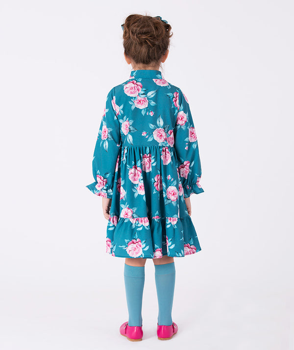 Back view of a teal floral girls’ dress with pink roses and long sleeves (3–12Y) — perfect for garden parties, birthdays, and spring celebrations