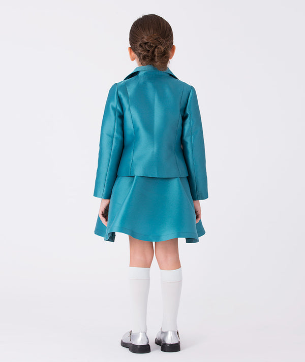 Back view of a girl wearing a teal satin jacket and matching skirt (3–12Y) — a sophisticated outfit for weddings, parties, and elegant seasonal celebrations