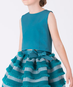 Close-up of teal striped girls’ dress (3–12Y) featuring a sleeveless bodice and bow-detailed waist — perfect for weddings, birthdays, and elegant parties