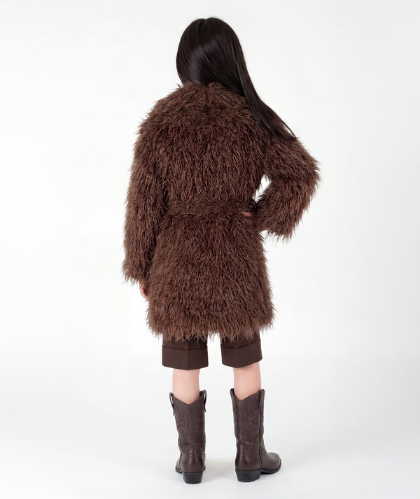 Back view of Textured Faux Fur Girls Coat in mocha brown showing its long-pile texture and belted silhouette for girls ages 3 to 12 by Mama Luma.