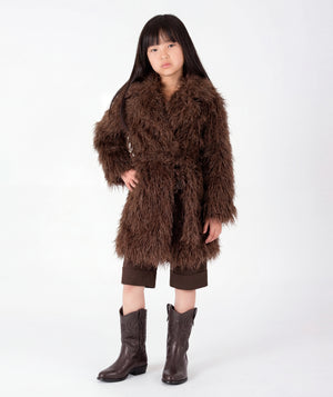 Front view of Textured Faux Fur Girls Coat in mocha brown with plush collar and self-tie waist belt for girls ages 3 to 12 by Mama Luma.
