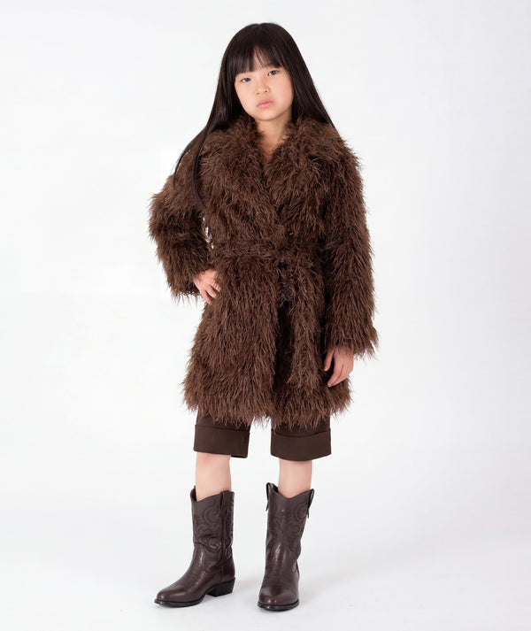 Front view of Textured Faux Fur Girls Coat in mocha brown with plush collar and self-tie waist belt for girls ages 3 to 12 by Mama Luma.