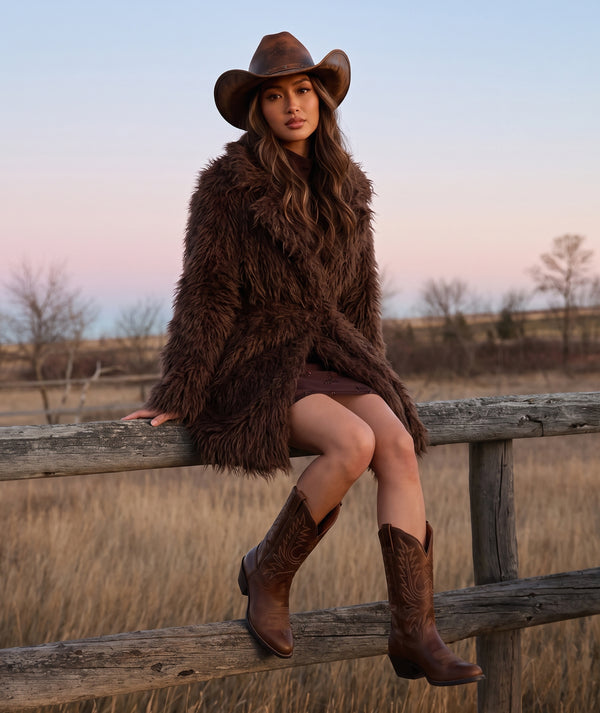 Textured Faux Fur Women's Coat in mocha styled in a ranch setting, featuring plush long-pile texture and a self-tie belt by Mama Luma.
