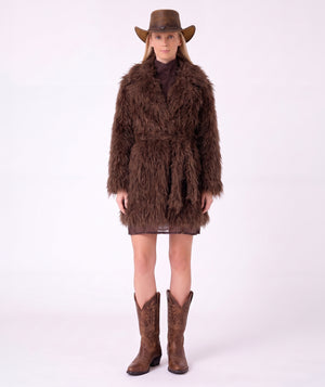 Front view of the Textured Faux Fur Women's Coat in mocha, featuring a plush finish and matching waist belt by Mama Luma.