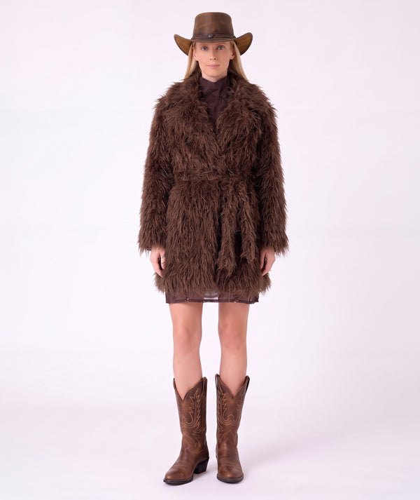 Front view of the Textured Faux Fur Women's Coat in mocha, featuring a plush finish and matching waist belt by Mama Luma.