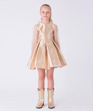 Front view of gold metallic girls dress with sheer dotted tulle long sleeves and pleated skirt from Golden Amara collection.