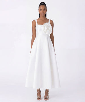 White 3D flower appliqué women’s midi dress with square neckline and A-line silhouette from the Kohana Collection