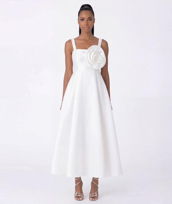 White 3D flower appliqué women’s midi dress with square neckline and A-line silhouette from the Kohana Collection
