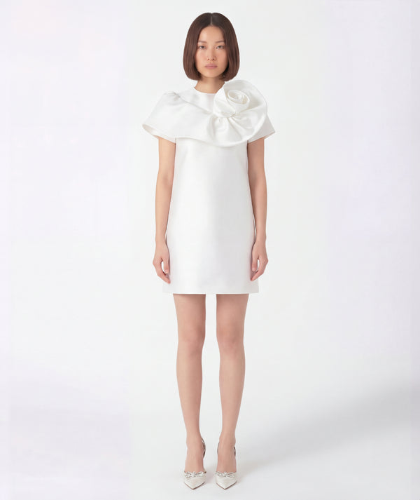Elegant white 3D flower detail mini dress for women with sculptural neckline accent