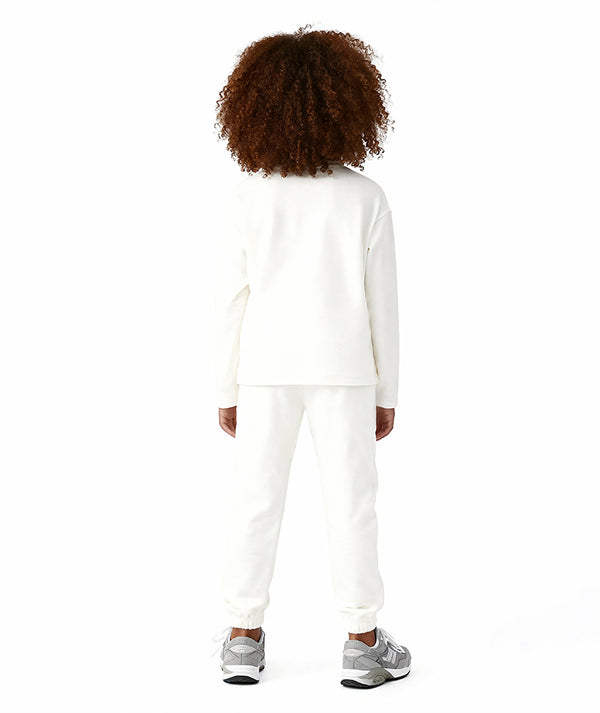 Back view of Goldencubs Girls’ White Cotton Sweatshirt and matching joggers set, crafted for softness and ease — perfect for school days, travel, and weekend lounging. Available in sizes 3–12Y.
