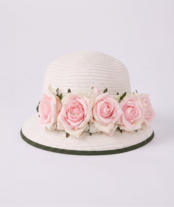 Front view of White Rose Girls Sun Hat in blush pink for girls ages 3 to 12, showing overall silhouette and styling