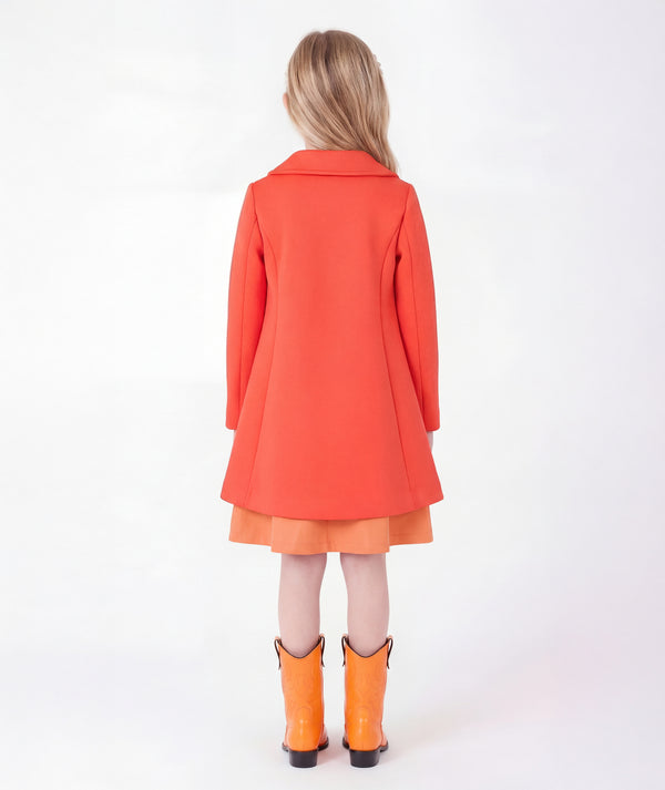 Back view of Wool-Blend Girls Coat in coral wool-blend for girls ages 3 to 12, showing the silhouette and refined construction
