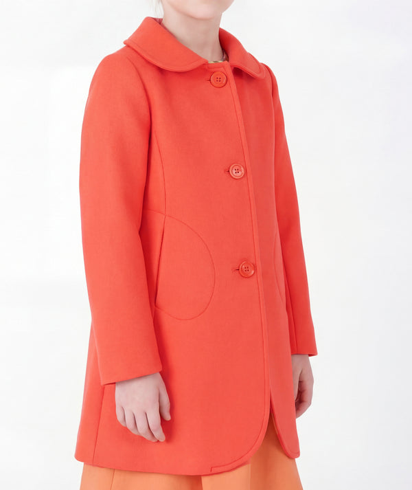 Close-up of Wool-Blend Girls Coat in coral wool-blend for girls ages 3 to 12, highlighting fabric texture and designer details
