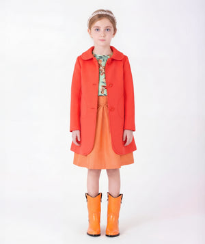 Front view of Wool-Blend Girls Coat in coral wool-blend for girls ages 3 to 12, a premium children’s design by Mama Luma