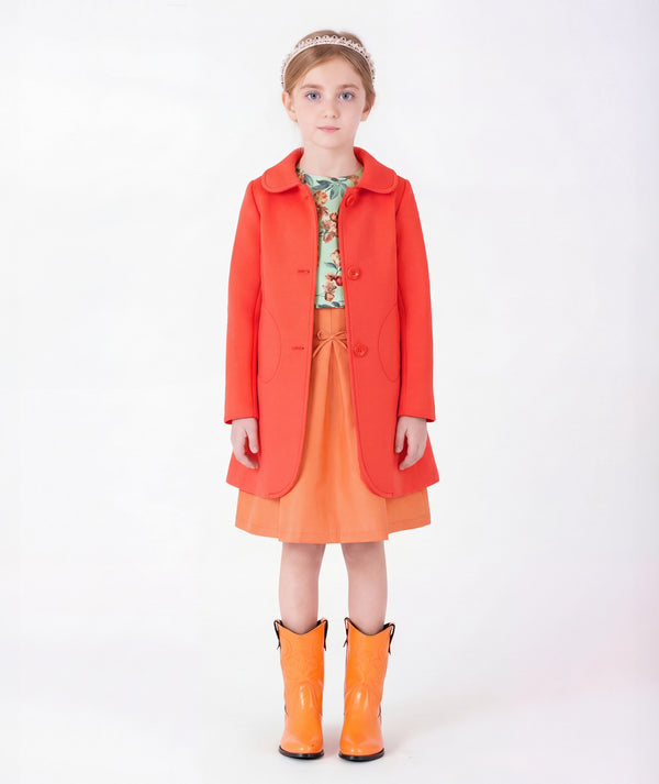 Front view of Wool-Blend Girls Coat in coral wool-blend for girls ages 3 to 12, a premium children’s design by Mama Luma