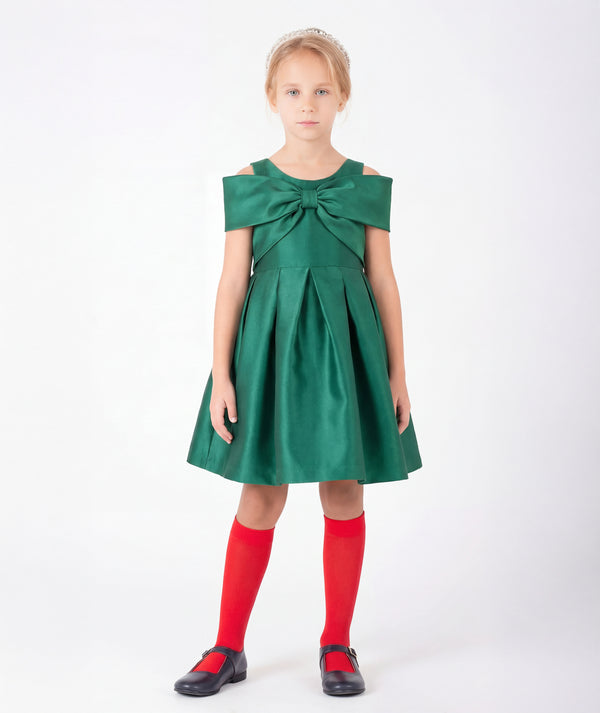 Front view of Enchanting Bow Girls Holiday Dress in emerald green with an off-the-shoulder bow and flared skirt for girls ages 3 to 12 by Mama Luma.