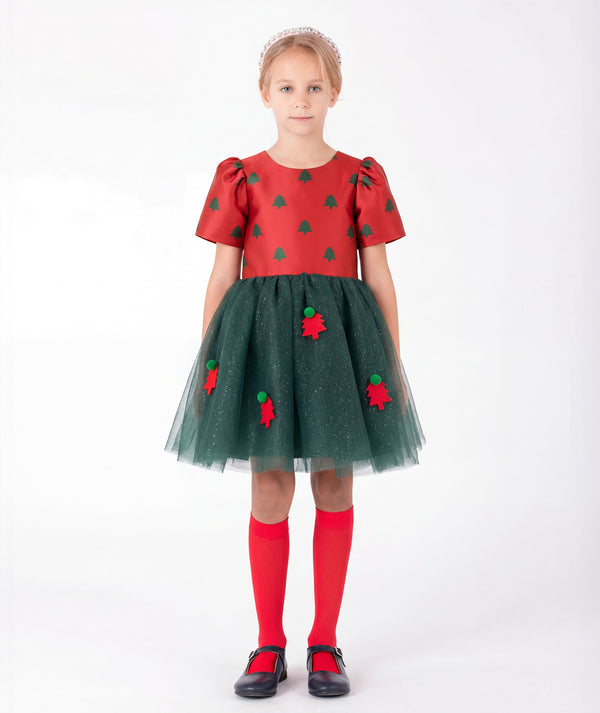 Front view of Mama Luma Floral Appliqué Girls Tulle Dress in red and forest green with sparkling tulle and Christmas tree details for girls ages 3 to 12.