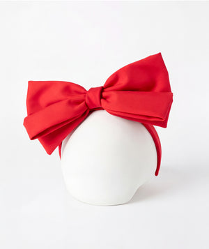 Front view of Mama Luma Matching Red Girls Headband featuring an oversized double-layered scarlet bow from the Zermatt Collection.