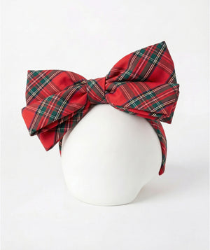 Front view of Mama Luma Matching Red Tartan Girls Headband featuring an oversized layered bow with red, forest-green, and navy plaid from the Zermatt Collection.