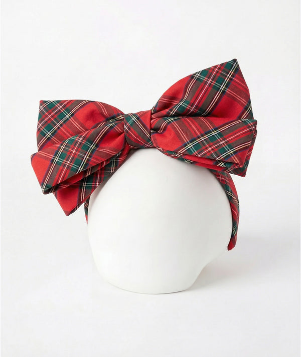 Front view of Mama Luma Matching Red Tartan Girls Headband featuring an oversized layered bow with red, forest-green, and navy plaid from the Zermatt Collection.