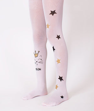 classic white tights with star and meow cat print for girls