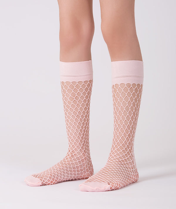 Soft pink fishnet mid-calf socks for girls