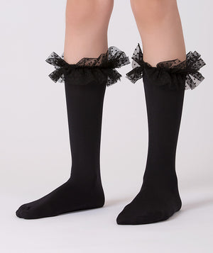 Black midi socks for girls with organza ruffles detail