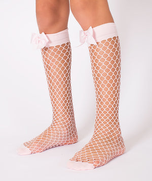 Soft pink fishnet mid-calf socks for girls with bows
